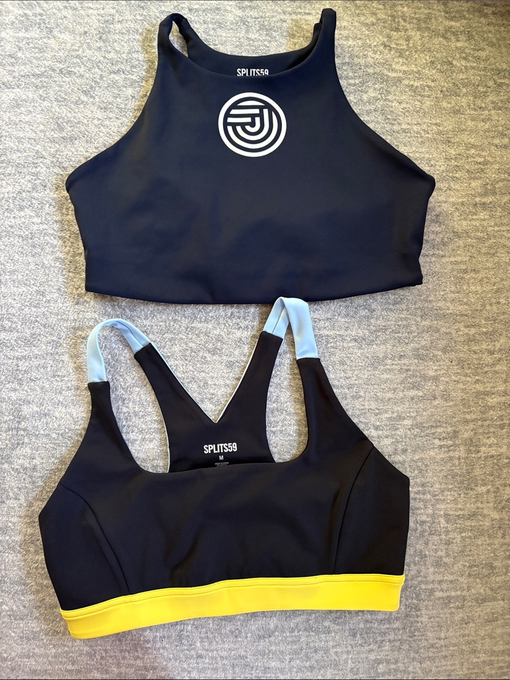 Splits59 Black Sports Bras with Yellow Band and Light Blue Straps